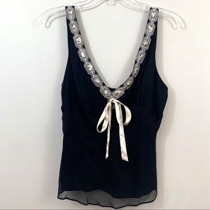 Cache Silk Black Ribbon/Jeweled Cropped Tank